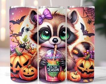 Racoon Halloween Tumbler Wrap, Tis The Season Tumbler, 20oz Skinny Tumbler, Cute Halloween Sublimation Designs Spooky Season Tumbler PNG