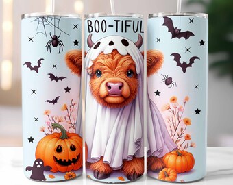 Halloween Bootiful Tumbler Wrap, Halloween Highland Cow Tumbler Wrap, 20oz Skinny Sublimation Design, Digital Download, Halloween Spooky PNG