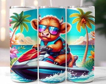 Summer Highland Cow Tumbler Wrap, 20oz Skinny Tumbler, Vacation Tumbler, Cow with Jet Ski, Sublimation Design, Digital Download PNG