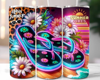 Summer Vibes Tumbler Wrap, Neon Tumbler, Flip Flops Daisies Sublimation Design, 20oz Skinny Tumbler, Vacation Tumbler, Digital Download PNG