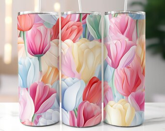 Seamless Tulips Tumbler Wrap Skinny 20oz, Pastel Colors Tumblers, Floral Tumbler Wrap, Flowers Sublimation Design, Instant Download PNG