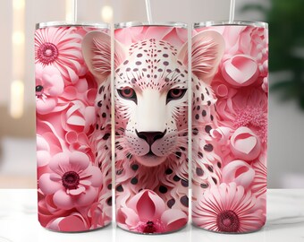 Pink Leopard Tumbler Wrap, Leopard Sublimation Designs, 20oz Tumbler Wrap, 3D Leopard, Pink Flowers, Cheetah Leopard Tumbler, Download PNG