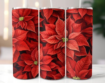 Könnte beinhalten: Drei Edelstahlbecher mit einem roten Weihnachtsstern-Blumenmuster. Die Becher sind isoliert und haben einen Deckel.