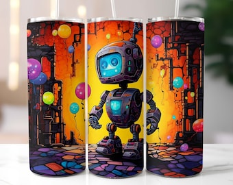 Robot Tumbler Wrap 20oz Skinny, Kids Tumblers, Tumbler Wrap for Boys, Childrens Tumblers, Straight and Tapered PNG, Sublimation Design