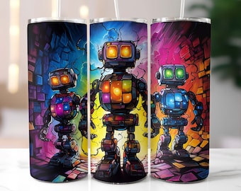3 Robots Tumbler Wrap 20oz Skinny, Kids Tumblers, Tumbler Wrap for Boys, Robot Tumbler PNG, Sublimation Design, Straight and Tapered