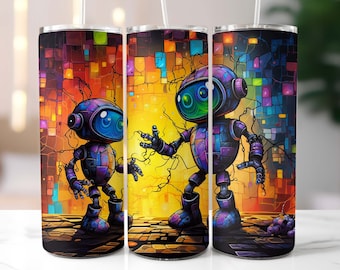 Robots Tumbler Wrap 20oz Skinny, Kids Tumblers, Tumbler Wrap for Boys, Robot Tumbler PNG, Sublimation Design, Straight and Tapered