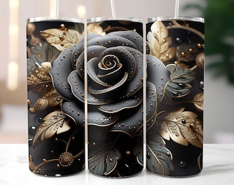 3D Black Roses Tumbler Wrap, Gold Details, Floral Wraps, 20 oz Skinny Tumbler, Sublimation Design, Black Flowers PNG, Digital Download