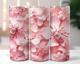 3D Pink Bee Honeycomb Tumbler Wrap, 20oz Skinny Tumbler, Pink Tumblers, Bees Wraps, Sublimation Design, Digital PNG, Straight and Tapered