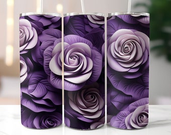3D Purple Roses Ombre Tumbler Wrap, 20oz Skinny Tumbler, Purple Flowers Tumbler, Sublimation Design, Téléchargement instantané, PNG numérique