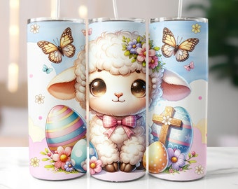 Easter Sheep Tumbler Wrap, Happy Easter Sheep, Easter Lamb with Cross, Cute Lamb png, 20oz Skinny Tumbler, Sublimation Design, Digital PNG