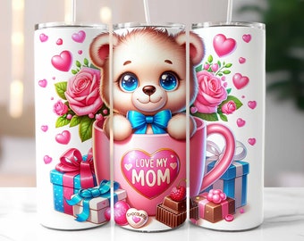 Teddy Bear Mother's Day Tumbler Wrap, Love My Mom Tumbler, Tumbler Template, Sublimation Design, 20oz Skinny Tumbler, Digital Download PNG