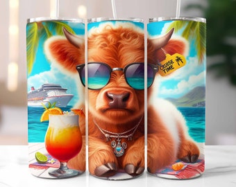 Highland Cow Cruise Time Tumbler Wrap 20oz Skinny Tumbler, Vacation Tumbler Wrap, Trip Tumbler, Sublimation Design, Digital Download PNG