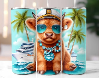 Highland Cow Cruise Time Tumbler Wrap 20oz Skinny Tumbler, Vacation Tumbler Wrap, Trip Tumbler, Sublimation Design, Digital Download PNG