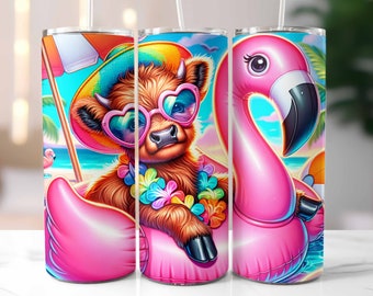 Summer Party Highland Cow 20oz Skinny Tumbler, Sublimation Design, Summer Party Cow Tumbler, Straight and Tapered, Digital Download, PNG