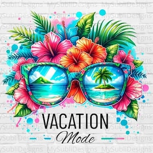 Op de afbeelding: Een digitale illustratie van een zonnebril met een tropisch strandlandschap dat in de glazen wordt weerkaatst. De zonnebril wordt omringd door levendige roze en oranje hibiscusbloemen en weelderig groen gebladerte. De tekst "VACATION MODE" staat onder de zonnebril.