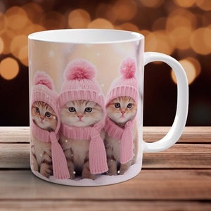 3 Cats Mug Wrap 11 oz and 15 oz, Pink Scarf and Winter Hat, 3D Kitten Mugs, Sublimation Design, Cats Coffee Cup, Instant Download PNG