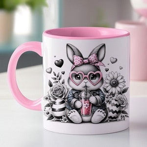 Easter Bunny Mug Wrap 11oz and 15oz, Easter Mugs, Cute Easter Mug, Black and White Mug, Sublimation Designs, Digital Download PNG