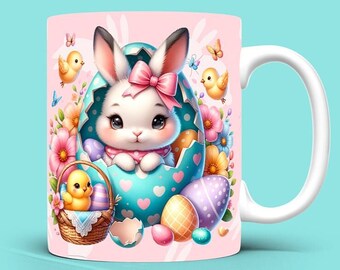 Easter Bunny Mug Wrap 11oz and 15oz, Easter Mugs, Cute Easter Mug, Rabbit Easter Mug, Sublimation Designs, Mug Template Digital Download PNG
