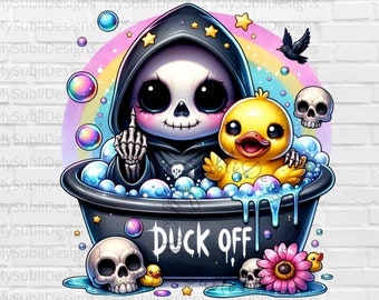 May include: A cartoon skeleton wearing a black hooded robe is taking a bath with a yellow rubber ducky. The bathtub is black and has a white rim. The skeleton is giving the middle finger. The text "Duck Off" is written on the side of the bathtub.