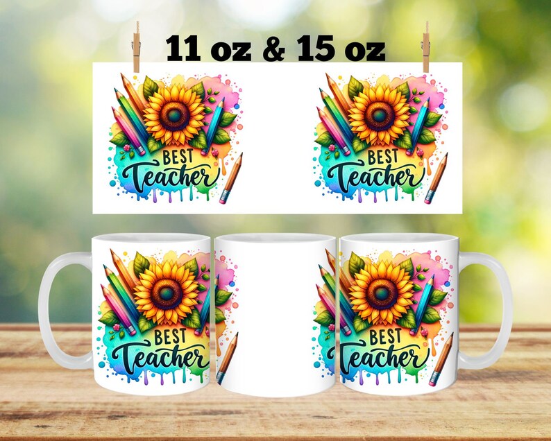 May include: Two white ceramic mugs with a colourful design featuring a sunflower, pencils, and the text "Best Teacher". The mugs are available in 11 oz and 15 oz sizes.