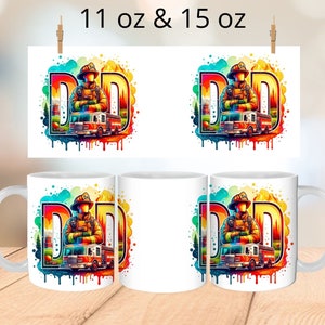 May include: Two white ceramic mugs with a colorful design of a firefighter standing in front of a fire truck with the letters "DAD" in the background. The mugs are available in 11 oz and 15 oz sizes.