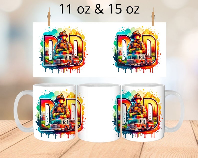May include: Two white ceramic mugs with a colorful design of a firefighter standing in front of a fire truck with the letters "DAD" in the background. The mugs are available in 11 oz and 15 oz sizes.
