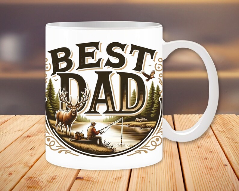 May include: White ceramic coffee mug with a brown and white illustration of a deer, a man fishing, and a van. The text "BEST DAD" is in a brown vintage font.