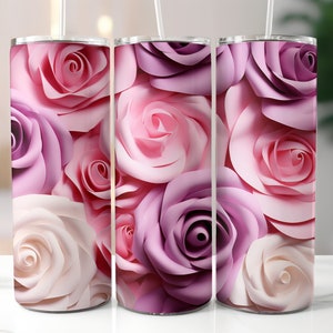 3D White Purple Pink Roses Tumbler Wrap Sublimation, Flowers Tumbler Wrap Design Floral, 20 oz Skinny Designs Instant Digital Download PNG