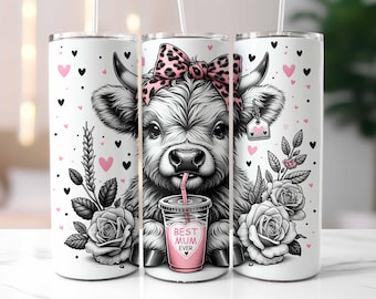 Best Mum Ever Tumbler Wrap, Highland Cow Mother's Day Tumbler Template, 20oz Skinny Tumbler, Sublimation Design Digital Download PNG