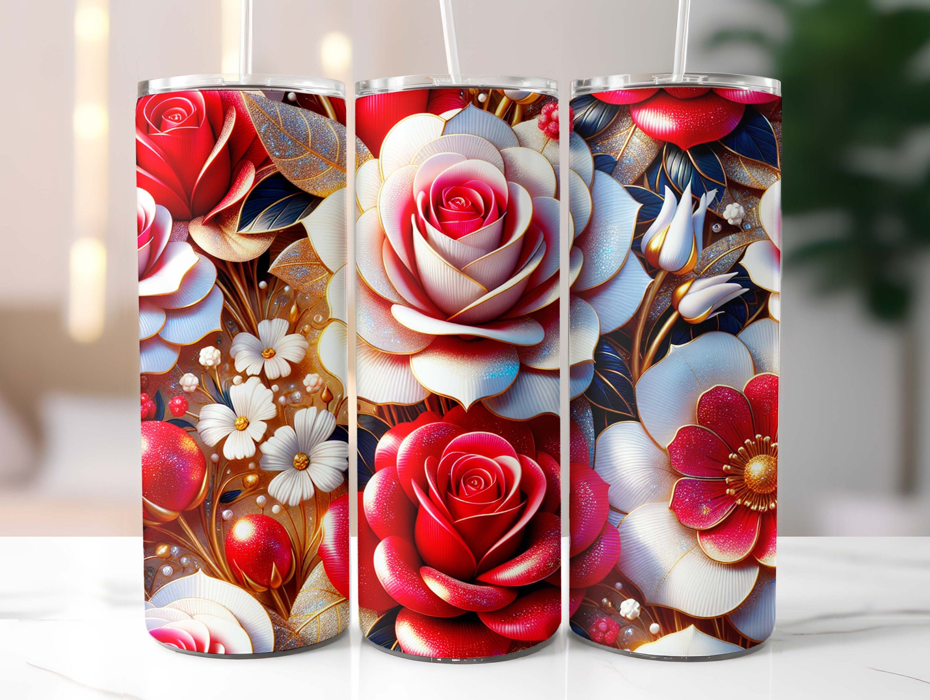 White Rose Rwrap 3D White Red Roses Tumbler Wrap 20 Oz Skinny Tumbler, Gold Details ...