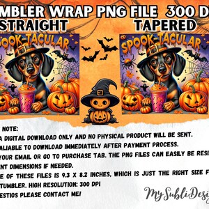 Może przedstawiać: Cyfrowy plik do pobrania z wzorem na okładkę kubka w stylu Halloween, przedstawiającym jamnika w czarodziejskim kapeluszu trzymającego latte z przyprawą dyniową. Wz&oacute;r zawiera dynie, nietoperze i pajęczyny. Tekst "Spook-tacular" jest napisany fantazyjnym fontem. Wz&oacute;r dostępny jest w wersji prostej i zwężanej.