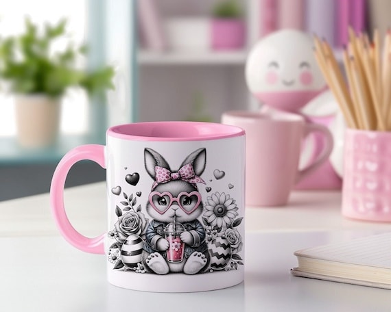 Easter Bunny Mug Wrap 11oz and 15oz, Easter Mugs, Cute Easter Mug, Black and White Mug, Sublimation Designs, Digital Download PNG