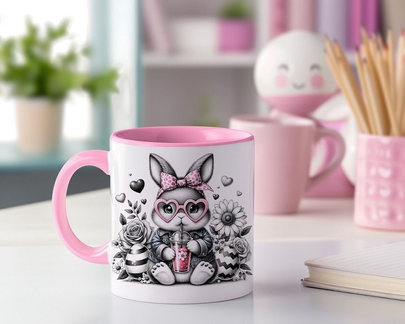 Easter Bunny Mug Wrap 11oz and 15oz, Easter Mugs, Cute Easter Mug, Black and White Mug, Sublimation Designs, Digital Download PNG