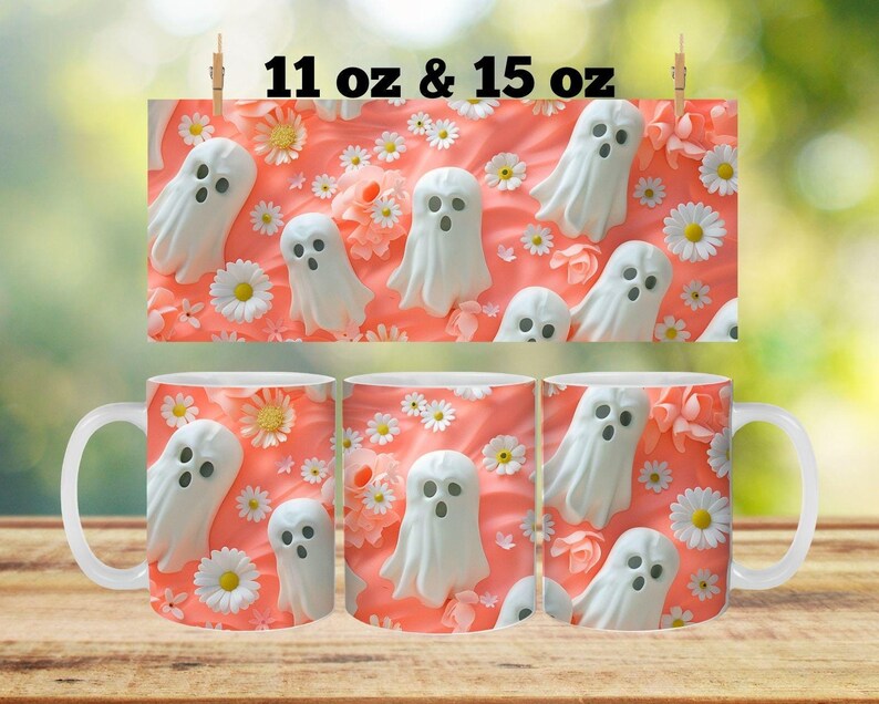 3D Halloween Ghost Mug Wrap, 3D Ghost Mug Png, Ghost Mug Wrap, 11oz and 15 oz Halloween Sublimation Designs, Ghost and Pumpkins, Flowers
