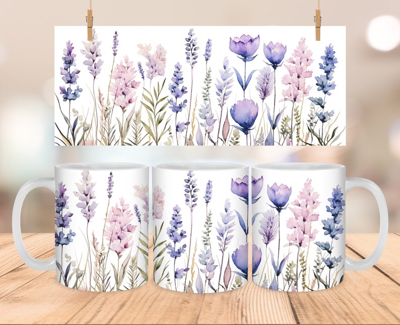Lavender Mug Wrap 11oz and 15oz, Sublimation Design, Floral Coffee Mug PNG, Purple Flowers, Lavender Tea Cup, Instant Digital Download