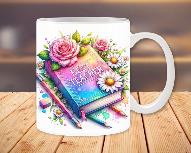 May include: White ceramic mug featuring a colourful illustration of a book with the words "Best Teacher" on the cover, surrounded by flowers and pencils.