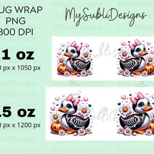 May include: A digital design featuring a cartoon duck with a skeleton body, wearing a pink bow and holding a small pumpkin. The duck is surrounded by white flowers and pink hearts. The design is available in two sizes: 11 oz and 15 oz.