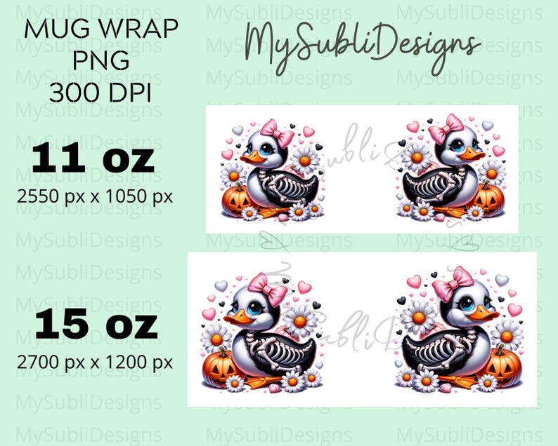 May include: A digital design featuring a cartoon duck with a skeleton body, wearing a pink bow and holding a small pumpkin. The duck is surrounded by white flowers and pink hearts. The design is available in two sizes: 11 oz and 15 oz.