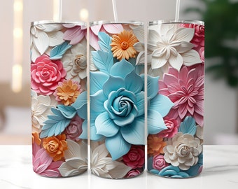 3D Colorful Flowers Tumbler Wrap Designs, 20 oz Skinny Tumbler Sublimation, Straight and Tapered PNG, Instant Digital Download