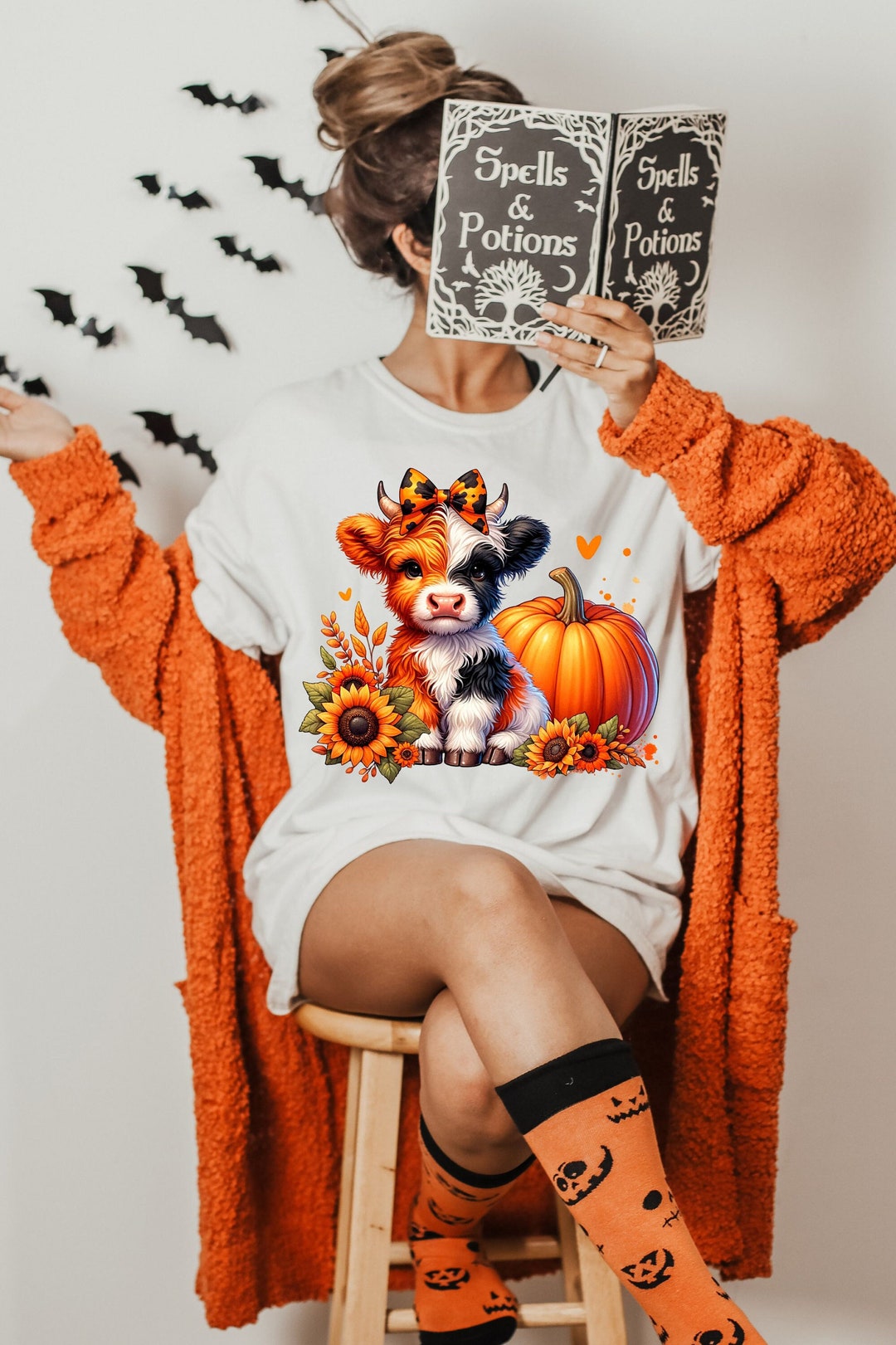 Fall Highland Cow Png, Cute Halloween Highland Cow, Spooky Season Png ...