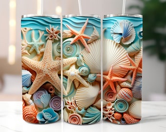 3D Seashells Starfish Beach Tumbler Wrap Designs, 20 oz Skinny Tumblers Sublimation, Straight and Tapered, Instant Digital Download PNG