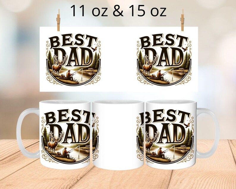May include: Two white ceramic mugs with a brown and gold design featuring a deer, a fisherman, and the text "BEST DAD". The mugs are available in 11 oz and 15 oz sizes.