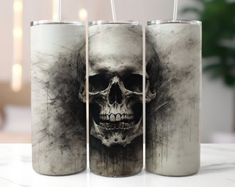 Black and White Skull Tumbler Wrap, 20 oz Skinny Tumbler Sublimation, Straight and Tapered PNG, Instant Digital Download