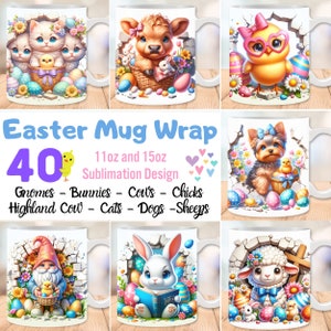 May include: Set of 40 sublimation designs for 11oz and 15oz mugs featuring Easter-themed characters like bunnies, chicks, cows, gnomes, cats, dogs, and sheep. The designs are perfect for creating personalized mugs for the Easter holiday.