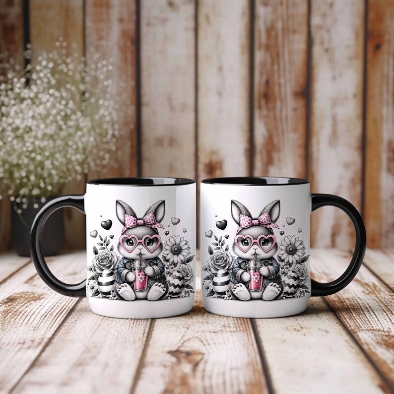 Easter Bunny Mug Wrap 11oz and 15oz, Easter Mugs, Cute Easter Mug, Black and White Mug, Sublimation Designs, Digital Download PNG