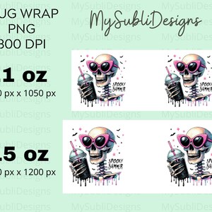 May include: A digital design featuring a cartoon skeleton wearing pink sunglasses and holding a black and white iced coffee. The skeleton is dripping with rainbow colors. The text "Spooky Summer" is written on the coffee cup. The design is available in two sizes: 11 oz and 15 oz.