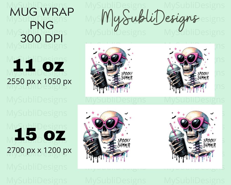 May include: A digital design featuring a cartoon skeleton wearing pink sunglasses and holding a black and white iced coffee. The skeleton is dripping with rainbow colors. The text "Spooky Summer" is written on the coffee cup. The design is available in two sizes: 11 oz and 15 oz.