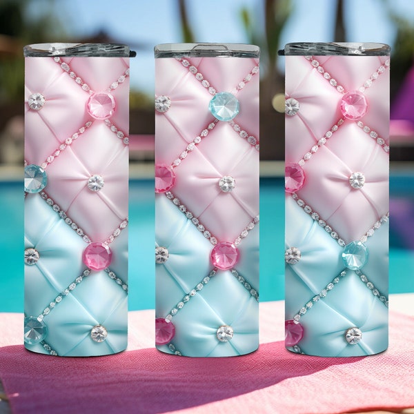 Pink & Blue Diamond Tufted Design Tumbler Wrap 20 Oz, Skinny Tumbler Sublimation, Straight and Tapered PNG, Instant Digital Download