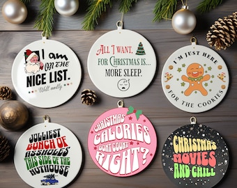 Funny Christmas Ornaments, Sublimation Design, Instant Download, Round Christmas Ornaments, Bundle Christmas PNG - 6 Files