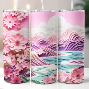 3D Landscape Mountain Flowers Sea Tumbler Wrap Sublimation,  20 oz Skinny Tumbler wrap, Straight and Tapered png, Instant Digital Download.